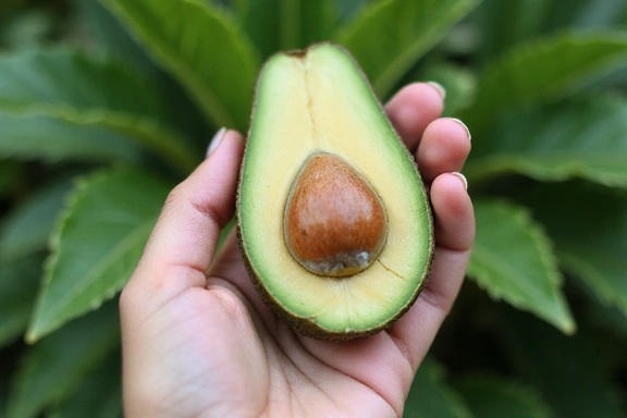Mano sosteniendo un aguacate maduro sobre un fondo de hojas verdes