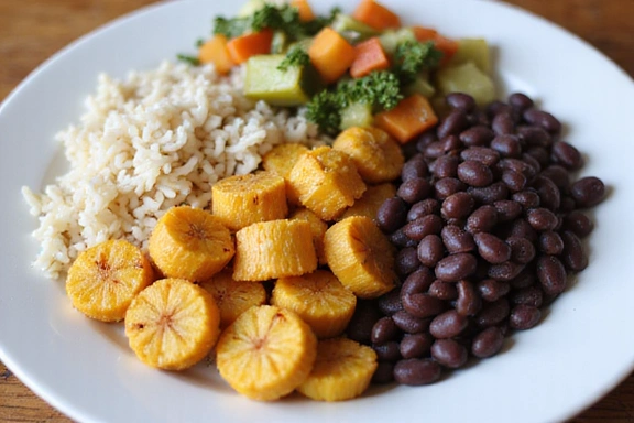 Plato de comida colorida y balanceada con arroz, frijoles, plátano y verduras