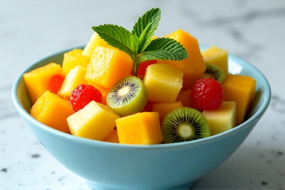 Un tazón colorido de ensalada de frutas tropicales