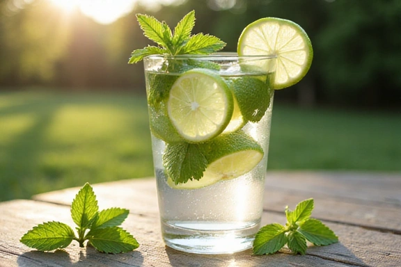 Vaso de agua con rodajas de lima y hojas de menta en un día soleado