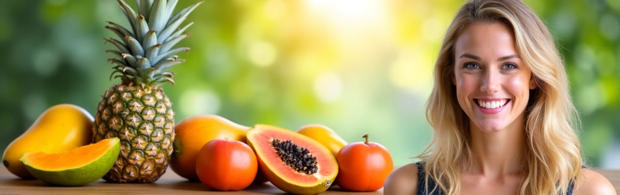 Frutas tropicales y un nutricionista sonriendo