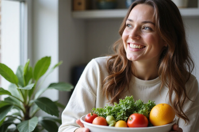 Mujer sonriendo mientras come un tazón de frutas frescas y verduras, simbolizando la nutrición holística y el bienestar.