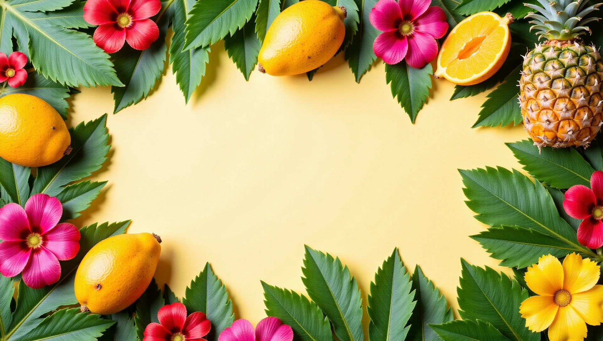 Fondo tropical con frutas y vegetación vibrante