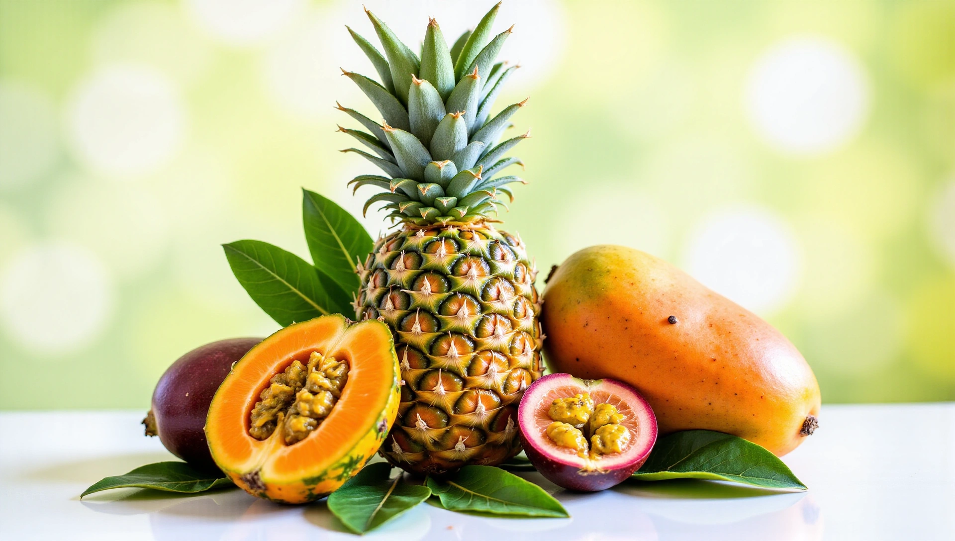 Frutas tropicales frescas y coloridas en un fondo vibrante