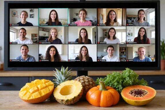 Grupo de personas sonrientes participando en un taller de cocina saludable online, con frutas tropicales en la mesa.