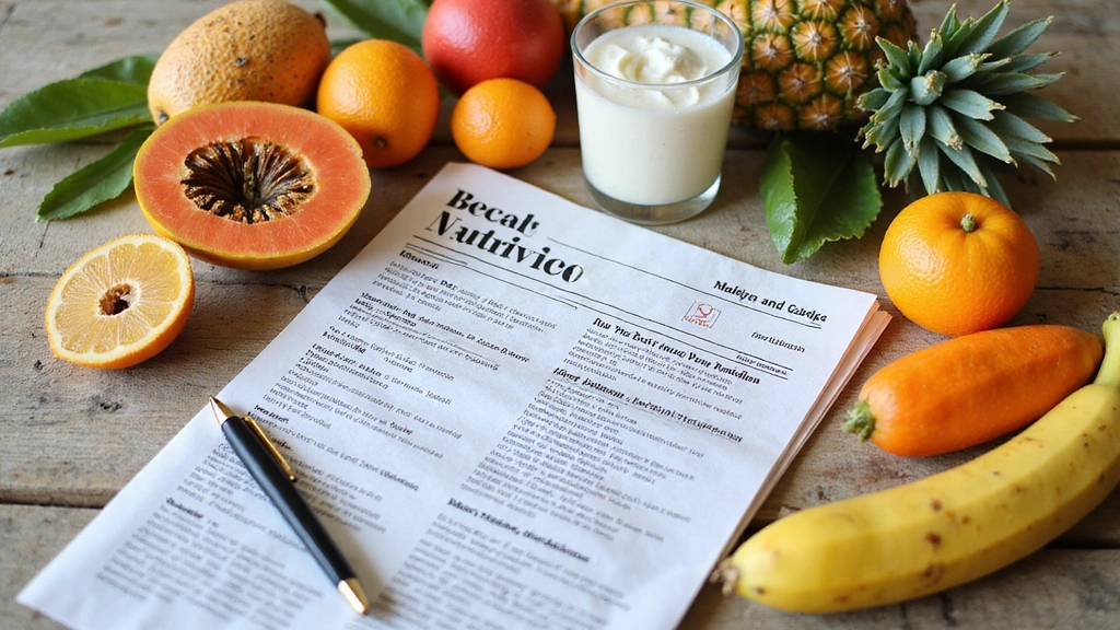 Mesa con un diario de nutrición, bolígrafo, y varias frutas tropicales como papaya, mango, y piña, con un vaso de batido saludable.