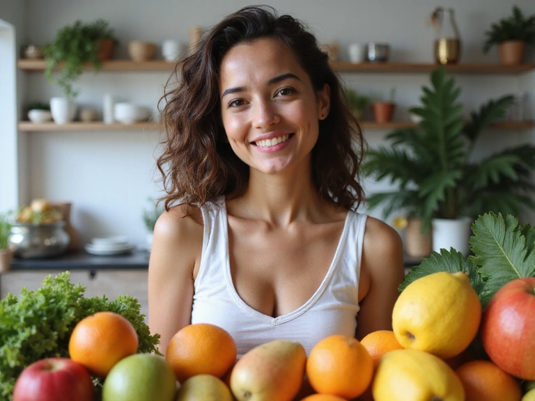 Mujer sonriente haciendo una videollamada con un nutricionista, rodeada de frutas frescas.