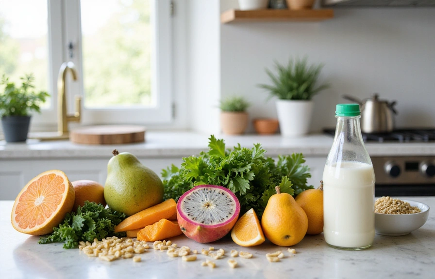 Variedad de alimentos sin gluten y sin lactosa, incluyendo frutas tropicales y vegetales frescos, en una cocina luminosa.
