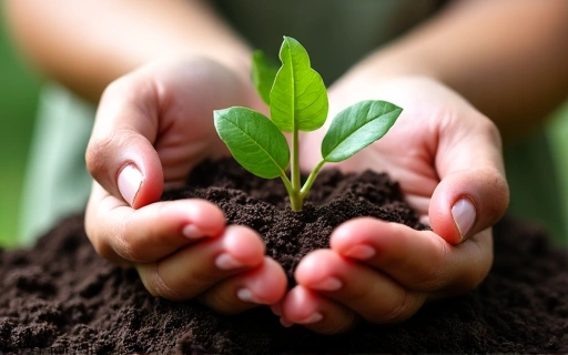 Manos sosteniendo una pequeña planta de brote en el suelo, simbolizando crecimiento y cuidado