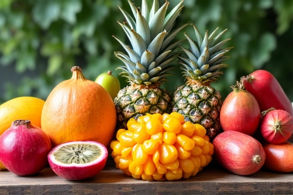 Mesa llena de frutas tropicales frescas y coloridas