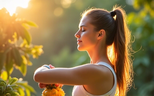 Mujer joven y saludable practicando yoga al aire libre con frutas tropicales en primer plano