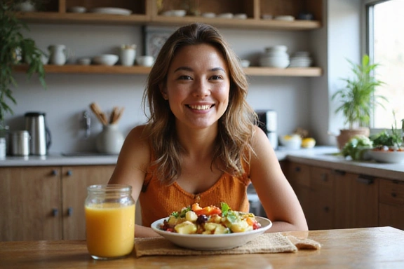 Persona sonriendo mientras come una ensalada de frutas tropicales