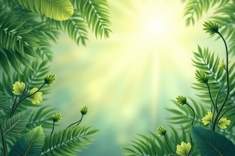 Símbolo de derechos de autor con hojas tropicales de fondo.